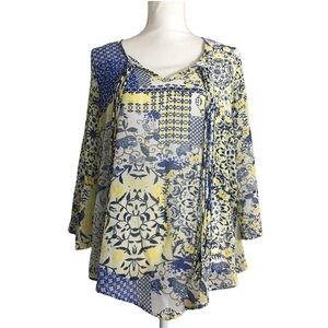 One World semi sheer Aztec print top. Sz Small
